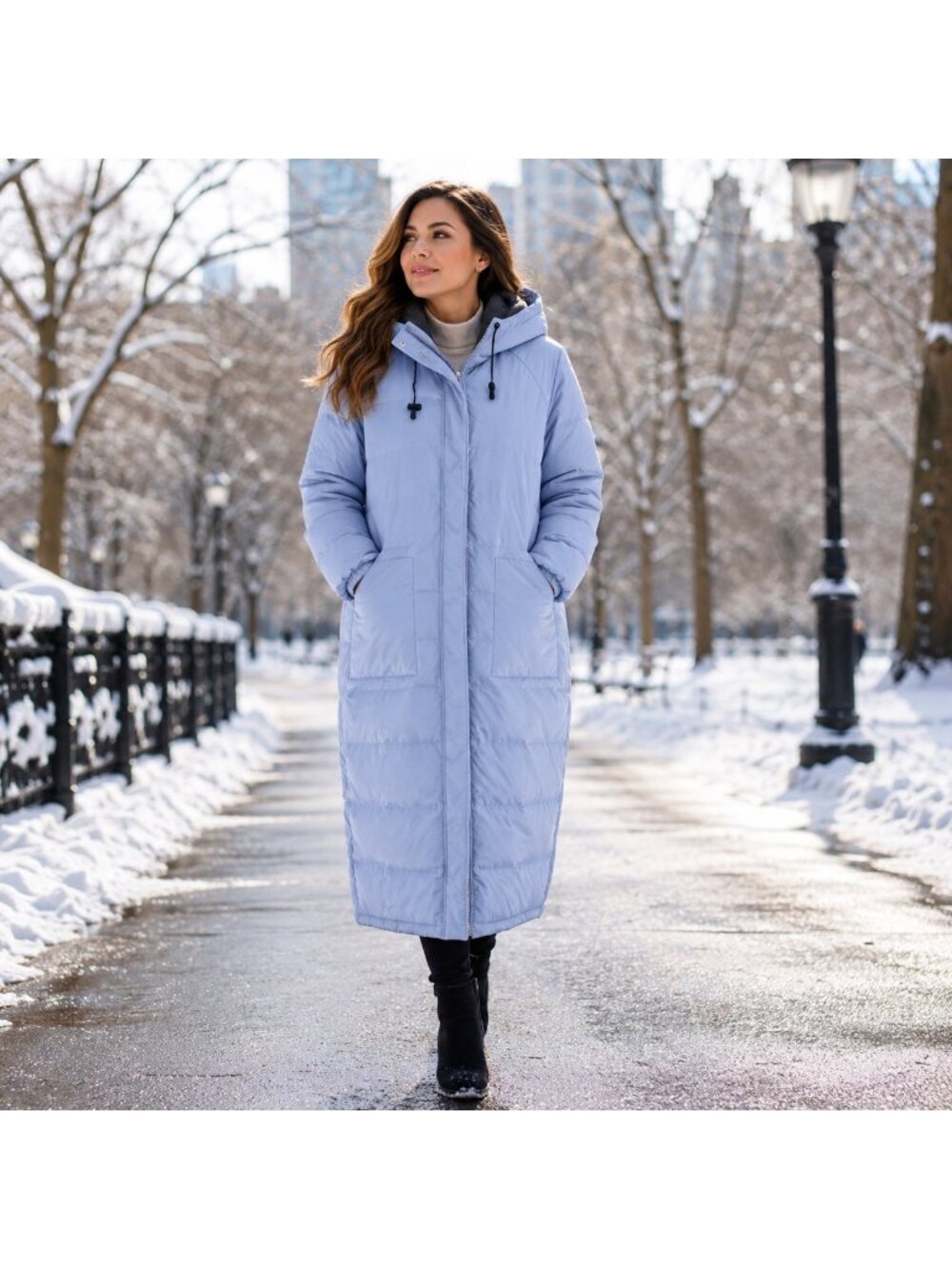 Atelier By B. Thomas Light Blue Long Puffer Coat With Hood & Down Fill Large